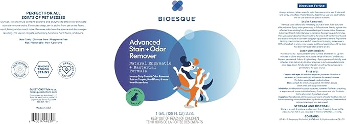Bioesque Advanced Stain + Odor Remover, Pet-Friendly Natural Enzymatic &amp; Bacterial Formula, Heavy-Duty Stain &amp; Odor Remover, Safe on Carpets, Hard Floors, &amp; More, 1 Gallon (Pack of 4)