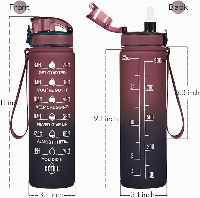 Enerbone Water Bottle, Leakproof BPA &amp; Toxic Free, Motivational Water Bottle with Times to Drink and Straw, Fitness Sports Water Bottle with Strap for Office, Gym, Outdoor Sports