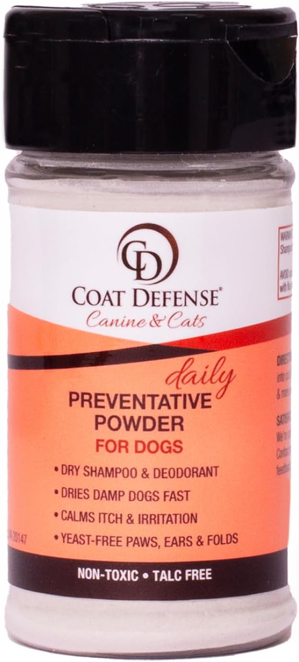 COAT DEFENSE Preventative Powder | Made in USA | 3.5oz Waterless Dog Shampoo &amp; Pet Deodorizer for Smelly Dogs | Provides Anti Itch Relief | Dog Shampoo for Dry Itchy Skin &amp; Smelly Dogs