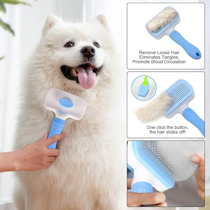 Self Cleaning Slicker Brush,Dog Brush &amp; Cat Brush with Massage Particles,Removes Loose hair &amp; Tangles,Skin Friendly &amp; Promote Circulation-Blue 1