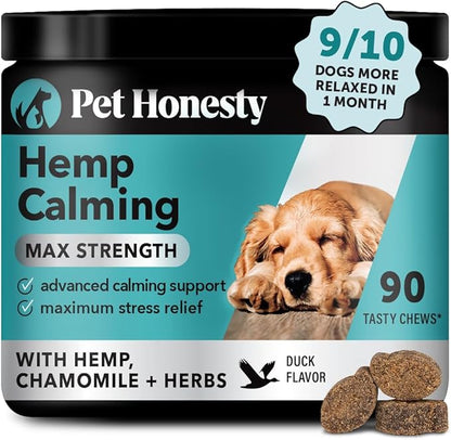 Natural Hemp Calming Chews for Dogs Maximum Strength - Hemp &amp; Melatonin Dog Anxiety Relief - Calming Aid Supplement with Valerian Root - Stress, Separation &amp; Thunder Support - (Duck 90 Ct)
