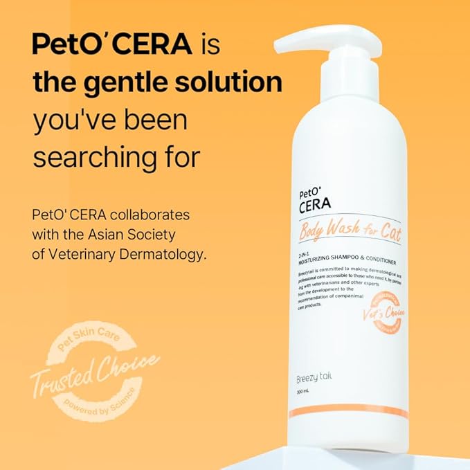 PetO’Cera All-in-One Cat Shampoo and Conditioner | Hypoallergenic Cat Skin &amp; Coat Care | Itch Relief, Moisturizing &amp; Rejuvenating | Veterinarian Approved (10.1oz, 300ml) (Unscented)