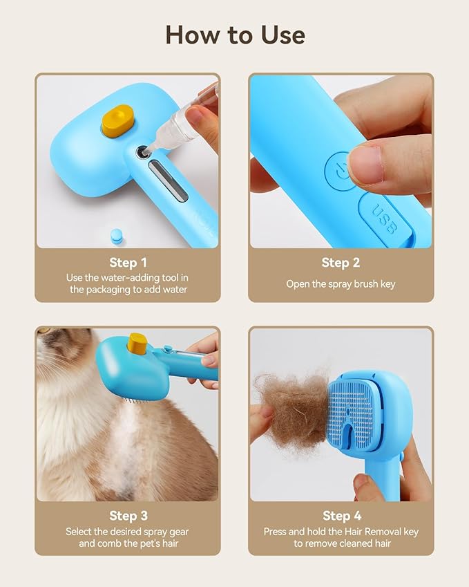 ROJECO 3-in-1 Pet Steam Brush for Cats&amp;Dogs - Detangling Comb with Adjustable Mist, Handheld Deshedding Grooming Tool for Long/Short Hair, Massage Brush &amp; Shedding Control Gift,Cordless (Blue)