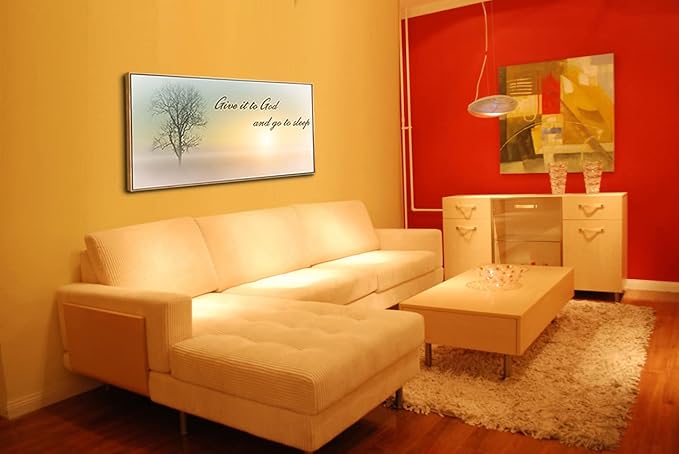 Lasdel Natural Extra Framed Wall Art of Misty Sunset &amp; Tree Plant Picture For Bedroom Home Above Bed,Large White Country Wood Sign For Bathroom,Give It To God &amp; Go to Sleep Artwork Decor,24x48