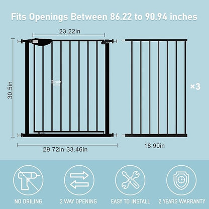 WAOWAO Triple Lock Baby Gate Extra Wide 86.22-90.55" Pressure Mounted Walk Through Swing Auto Close Safety Black Metal Dog Pet Puppy Cat for Stairs,Doorways,Kitchen