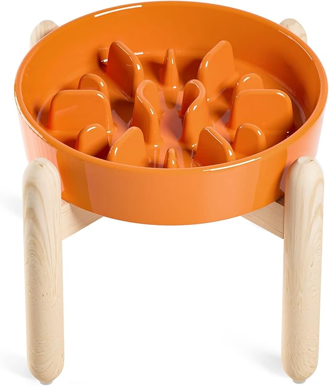 LE TAUCI Ceramic Slow Feeder Puzzle Bowl Elevated 1.5 Cup with Wooden Stand for Small &amp; Medium Dog, Fast Eater Food Bowl Sun Orange