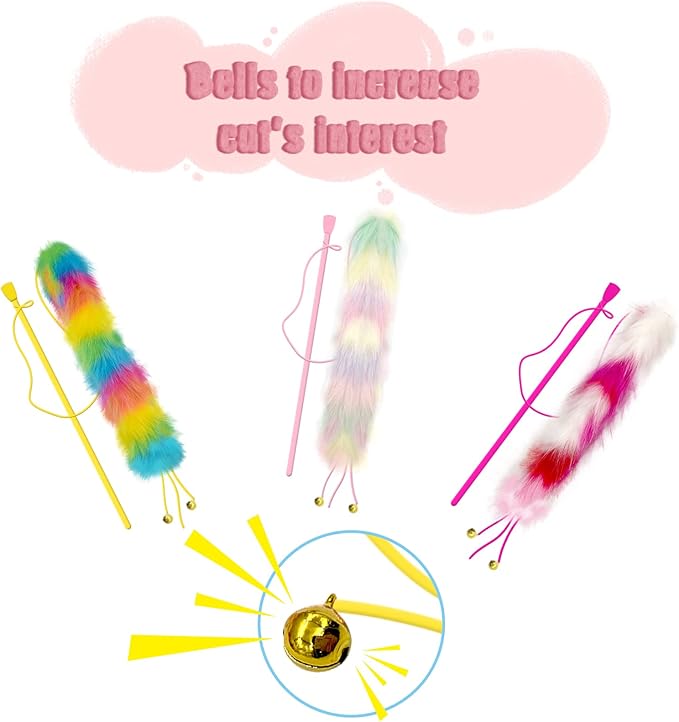 3 Pack Cat Wand Toy, Rainbow Cat Feather Toys with Bells, Teaser Wand with Soft Furry Tail, Interactive Toys for Indoor Cats &amp; Kitten &amp; Kitty