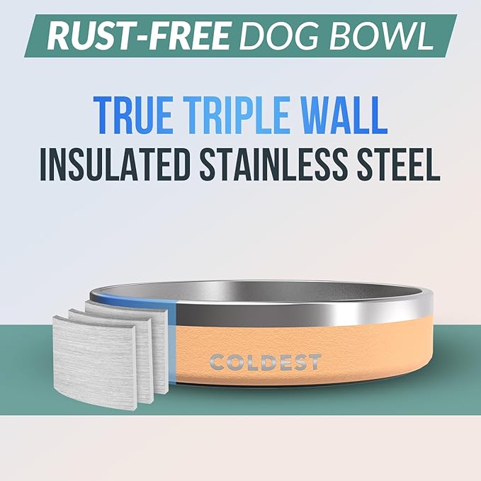 Coldest Dog Bowl - Anti Rust Metal, Non Slip, 3 Layers Insulated Stainless Steel Dog Bowls - Spill Proof &amp; Heavy Duty - Water Bowl for Dogs, Cats &amp; Pets, Dish Washer Safe (21 oz, Sahara Tan)