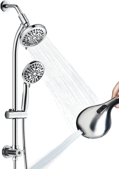 High Pressure Handheld/Rain 82-mode 3-way Shower Head Combo with 25.75" Adjustable Drill-free Stainless Steel Slide Bar, Pet &amp; Tub Power Wash and Anti-clog Nozzles, with 5ft Hose - Polished Chrome