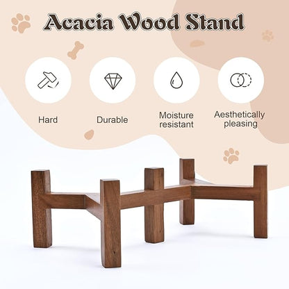 SPUNKYJUNKY Acacia Wood Stand Dog Bowl Set Raised, Ceramic Dog Food &amp; Water Bowl for Medium Dogs (28.74 OZ, White)