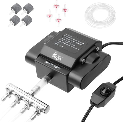 AQQA Powerful Aquarium Air Pump Adjustable Fish Oxygen Aerator Pump for Basement Aquarium Ponds Hydroponic 4 Outlets Commercial Air Pump Bubbler with Accessories for Fish Tank Up to 600Gal(10W,237GPH)
