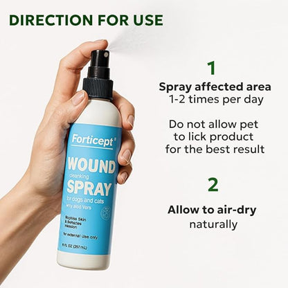 Forticept Hot Spot Spray for Dogs Cats &amp; Horses, Itch Relief Wound Cleanser with Aloe Vera, 8 oz