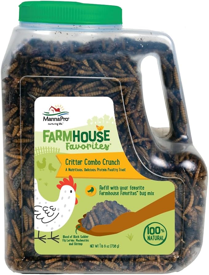 Manna Pro Farmhouse Favorites Critter Combo Crunch Bug Jug – Engaging Poultry Treat – Blend of Black Solider Fly Larvae, Mealworms &amp; Shrimp – Great Source of Protein – Encourages Foraging – 25oz