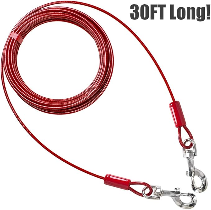 BV Dog Tie Out Cable 30 Feet - Heavy Duty Dog Lead Up to 125 Pounds - Reflective &amp; Rust-Free with Quick Release Swivel Clips &amp; 360° Rotating Clasp - Tangle-Free Dogs Runner for Yard (Red, Single)