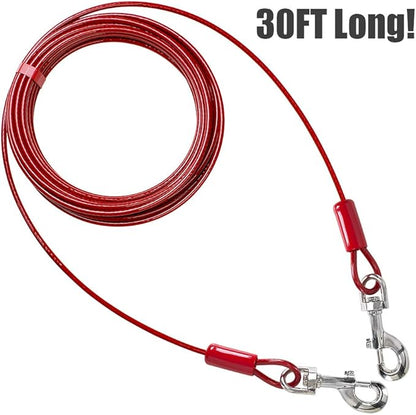 BV Dog Tie Out Cable 30 Feet - Heavy Duty Dog Lead Up to 125 Pounds - Reflective &amp; Rust-Free with Quick Release Swivel Clips &amp; 360° Rotating Clasp - Tangle-Free Dogs Runner for Yard (Red, Single)