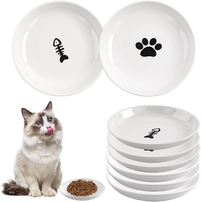 6 Pack Cat Food Bowl, Ceramic Cat Bowls, Anti Whisker Fatigue Cats Bowl Set,5.5 Inches Shallow Wide Kitten Plates for Food and Water (Cat&