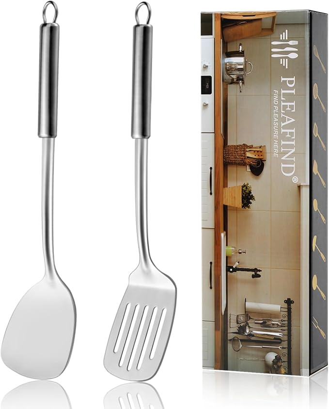 Pleafind 2-Pcs Solid &amp; Slotted Spatula Set, 304 Stainless Steel Spatula, Metal Spatulas, Wok Utensils, Cooking Utensils, Wok Spatulas for Home, Kitchen and Restaurant, Dishwasher Safe