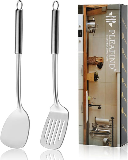 Pleafind 2-Pcs Solid &amp; Slotted Spatula Set, 304 Stainless Steel Spatula, Metal Spatulas, Wok Utensils, Cooking Utensils, Wok Spatulas for Home, Kitchen and Restaurant, Dishwasher Safe