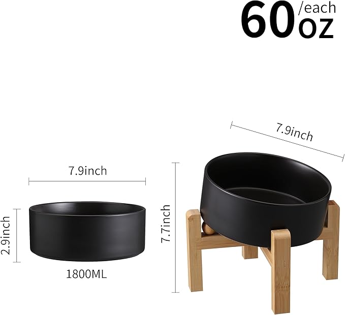 Black Elevated/Raised 15°Tilted Anti Slip Ceramic Dog Bowl for Medium &amp; Large Breeds,Slanted Bulldog Big Face Pet Feeding Food Water Dish Stand for Dogs (7.6 Cups/60OZ)