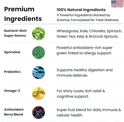 Canine NutriGreens - Natural Dog Vitamins &amp; Probiotics for Dogs. No Messy Powder. Includes Spirulina, Kelp &amp; Antioxidant Berry Mix. 6-in-1 Dog Supplements &amp; Vitamins Chews. Super Greens for Dogs.