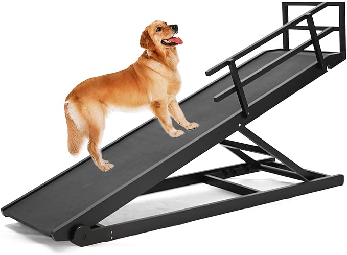Dog Ramp, 5 Level Adjustable Height Folding Pet Ramp for High Bed, Portable Paw Ramps Large Bed Ramp for Medium &amp; Large Old Dogs &amp; Cats - Natural Wood Furniture Quality