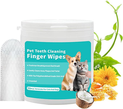 YUHUF-Teeth Cleaning Finger Wipes for Dogs &amp; Cats, Pet Dental Care by Reducing Plaque and Tartar Remove Bad Breath, Disposable Gentle Gum Care Pet Wipes, 50 PCS