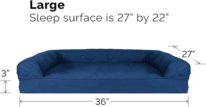 Furhaven Cooling Gel Dog Bed for Large/Medium Dogs w/ Removable Bolsters &amp; Washable Cover, For Dogs Up to 55 lbs - Quilted Sofa - Navy (Blue), Large