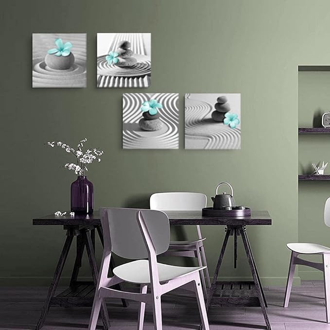 Yxbhhym Gray Wall Art Zen Wall Art Teal Floral Paintings Black and White Decor Zen Stone Sand Pebble Canvas Flower Artwork for Wall Home Decoration Bathroom Wall Decor 12&