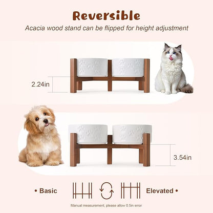 SPUNKYJUNKY Ceramic Elevated Dog Bowl Set with Acacia Wood Stand for Food and Water for Small Medium Sized Dogs (28.74 OZ, White, Dog Paw Pattern)