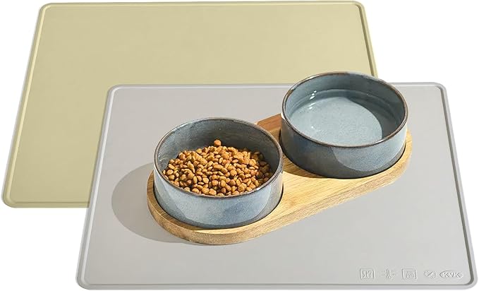 KVK Dog Water Mat 2-Pack 20×16in - Silicone Dog Mats for Food and Water, Non-Slip Pet Feeding Mat for Floors, Waterproof Cat Bowl Mats to Prevent Spills - Silver Gray &amp; Cream