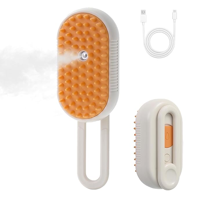4 in 1 Cat Steam Brush for Shedding, Rechargeable Steam Pet Brush for Dog and Cat, Anti-Static, Massage, Cleaning, Shedding &amp; Combing All In One!(Brown)