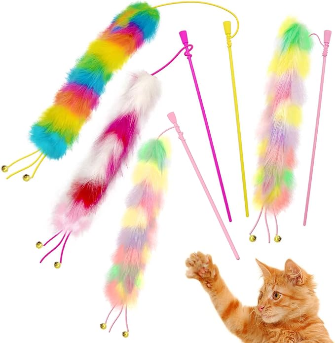 4 Pack Cat Wand Toy, Rainbow Cat Feather Toys with Bells, Teaser Wand with Soft Furry Tail, Interactive Toys for Indoor Cats &amp; Kitten &amp; Kitty