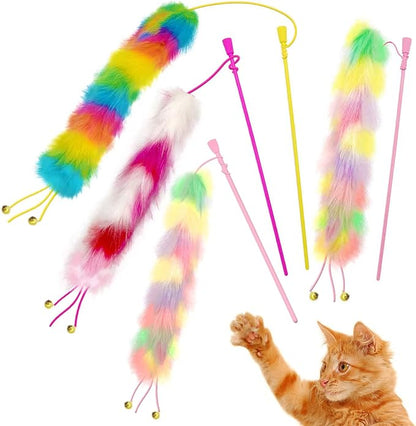 4 Pack Cat Wand Toy, Rainbow Cat Feather Toys with Bells, Teaser Wand with Soft Furry Tail, Interactive Toys for Indoor Cats &amp; Kitten &amp; Kitty
