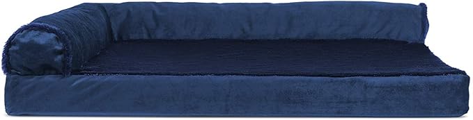 Furhaven Cooling Gel Dog Bed for Large/Medium Dogs w/ Removable Bolsters &amp; Washable Cover, For Dogs Up to 55 lbs - Plush &amp; Velvet L Shaped Chaise - Deep Sapphire, Large
