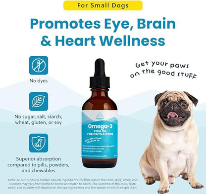 Wild-Caught Omega 3 Fish Oil for Dogs &amp; Cats, Liquid EPA DHA Supplement for Skin, Coat, Joints &amp; Heart, Low-Odor Omega 3 Drops for Small Dog Breeds &amp; Cats with Itchy Skin, 2 oz