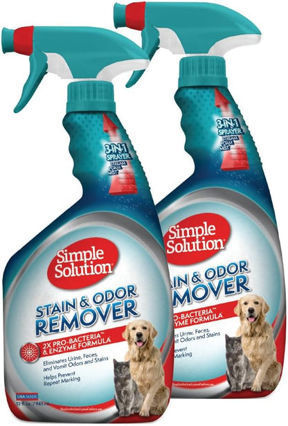 Simple Solution Stain and Odor Eliminator Spray, Pee Stain Remover, Enzyme Carpet Cleaner, Dog Smell Remover for Carpets, Dog Odor Remover, 32 oz (Pack of 2)
