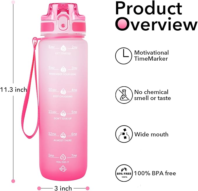 32oz Motivational Water Bottles with Time Marker &amp; Fruit Strainer, Transparent Gradient Color Water Bottle with Times to Drink, Leakproof &amp; BPA Free, Reusable Bottle with Strap (No Straw)