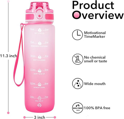 32oz Motivational Water Bottles with Time Marker &amp; Fruit Strainer, Transparent Gradient Color Water Bottle with Times to Drink, Leakproof &amp; BPA Free, Reusable Bottle with Strap (No Straw)