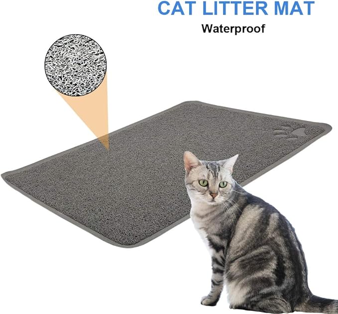 Cat Open Top Litter Box with Lid, Litter Mat, Poop Lifter Scoop &amp; Kitten Kitty Stainless Steel Feeding Dish Bowl, Starter Kit 4 Pack for Small cat Within 5 Months (Grey-Four Entries)