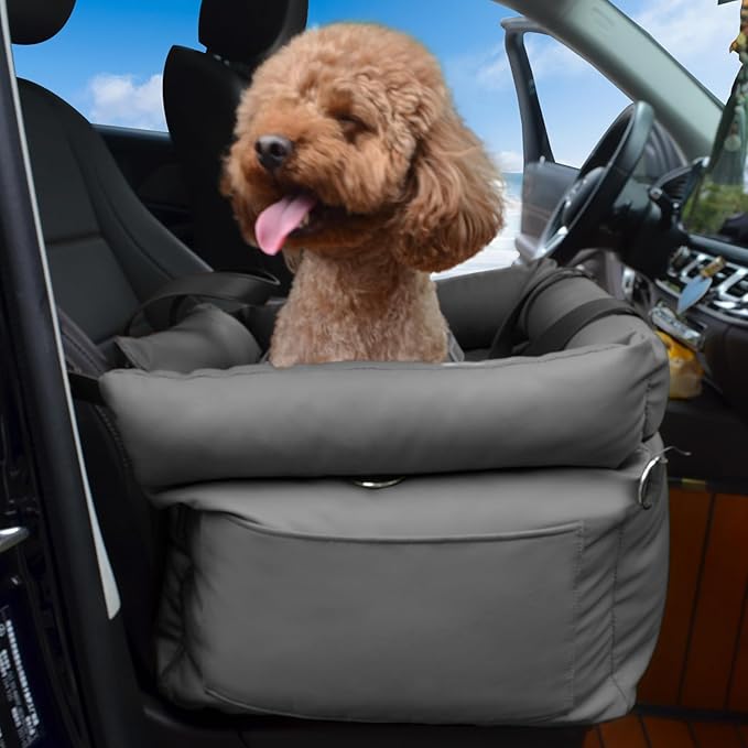 Dog Car Seat for Small Dogs, Large Leather Dog Car Bed with Storage Pocket, Waterproof PVC Leather Booster Seat Travel Bed for Front &amp; Back Seat, Clip-On Safety Leash (Black/Grey)