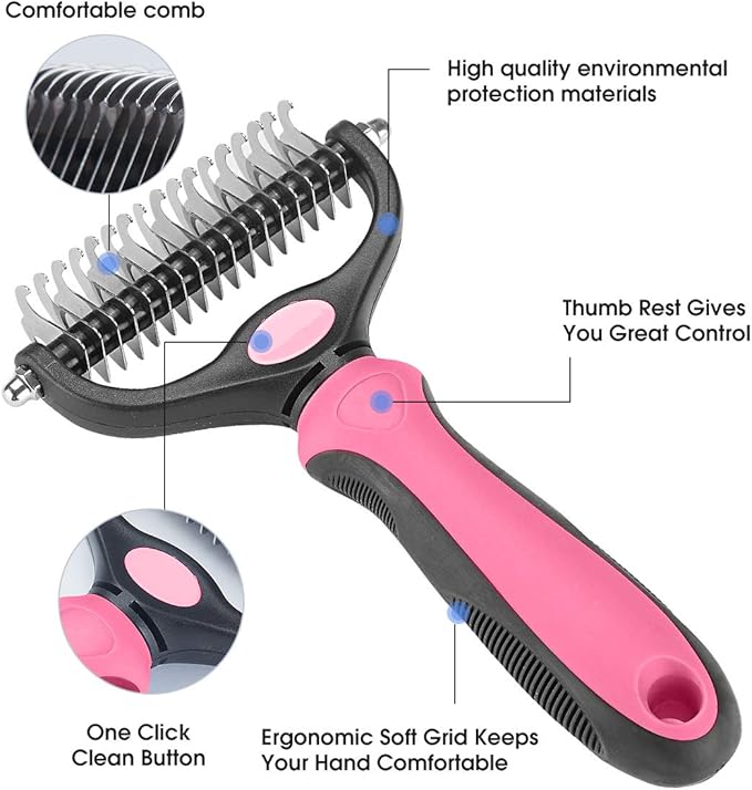 Pet Grooming Tool - 2 Sided Undercoat Rake for Cats and Dogs - Safe Dematting Comb for Easy Mats &amp; Tangles Removing - No More Nasty Shedding and Flying Hair