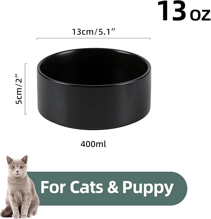 Ceramic 5.1inch Set of 2 Dog and Cat Bowls, Food and Water Feeder for Small Breed Dogs, Kitty, Cats, 2pcs Dog &amp; Cat Dishes(2 Bowls, Black)