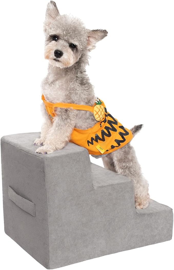 MEWANG Dog Stairs for Small &amp; Medium Dogs and Old Cats –3/4/ 5 Steps High-Density Foam Pet Ramp for Bed &amp; Couch, Non-Slip, Washable Cover, Grey (Square Corner, 3 Steps: 17.95&
