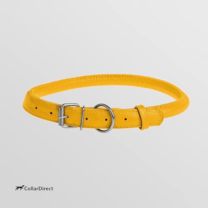 CollarDirect Rolled Leather Dog Collar, Soft Padded Round Puppy Collar, Handmade Genuine Leather Collar Dog Small Large Cat Collars 13 Colors (18-22 Inch, Yellow Textured)