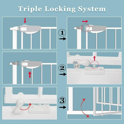 WAOWAO Triple Lock Baby Gate Extra Wide 72.04-76.77" Pressure Mounted Walk Through Swing Auto Close Safety White Metal Dog Pet Puppy for Stairs,Doorways,Kitchen