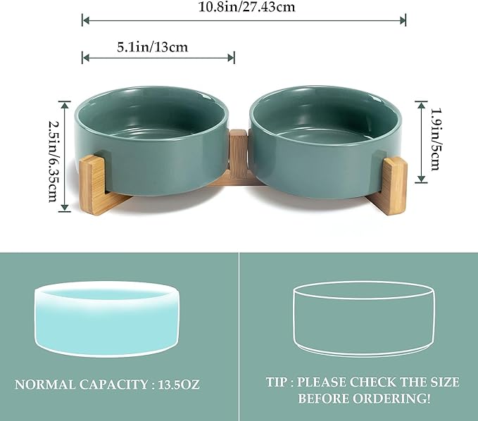 SPUNKYJUNKY Ceramic Dog and Cat Bowl Set with Wooden Stand, Modern Cute Weighted Food Water Set for Small Size Dogs (13.5OZ) &amp; Medium Sized Dogs (28.7OZ) &amp; Cats (1.7 Cups, 2 × Morandi Green)