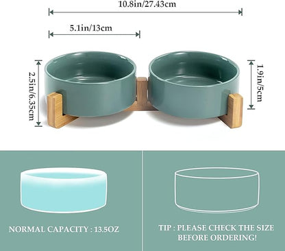SPUNKYJUNKY Ceramic Dog and Cat Bowl Set with Wooden Stand, Modern Cute Weighted Food Water Set for Small Size Dogs (13.5OZ) &amp; Medium Sized Dogs (28.7OZ) &amp; Cats (1.7 Cups, 2 × Morandi Green)