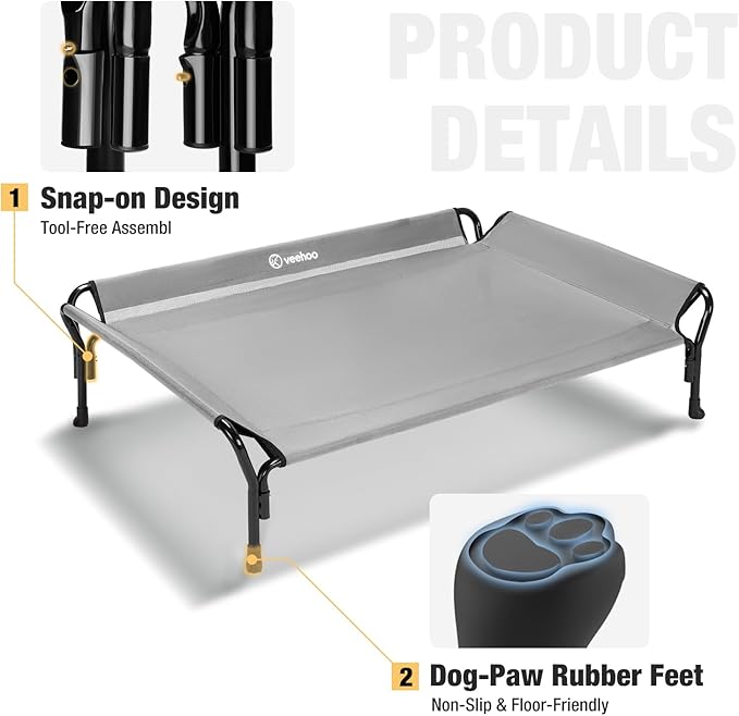 Veehoo Cooling Elevated Dog Bed, Raised Pet Cot with Guardrail &amp; Slope Headrest, Durable Breathable Teslin Mesh, Non-Slip Feet, Washable Dog Couch Bed for Indoor &amp; Outdoor, Medium 39.5" x 28", Gray