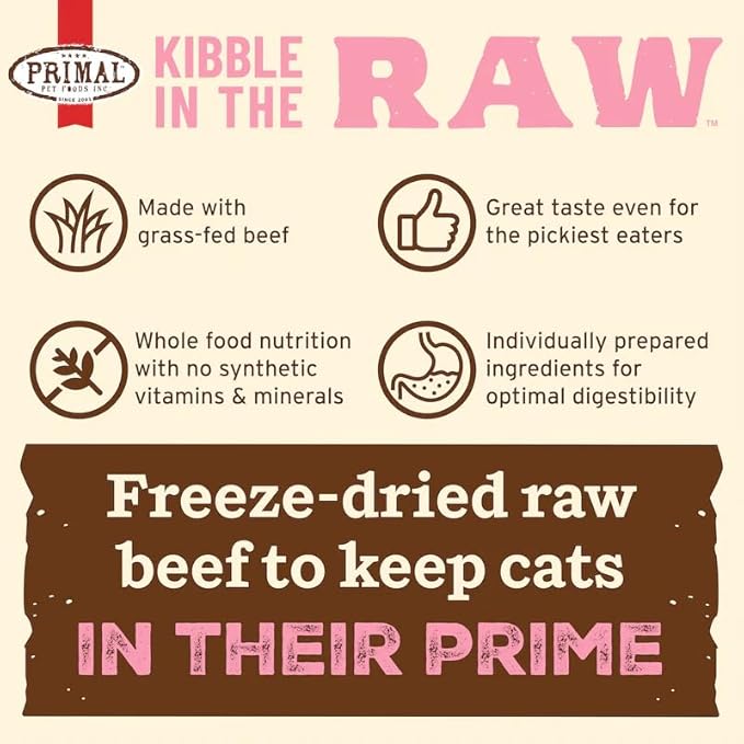 Primal Kibble in The Raw, Freeze Dried Cat Food, Beef, Scoop &amp; Serve, Made with Raw Protein, Whole Ingredient Nutrition, Crafted in The USA, Dry Cat Food, 64 Ounce (4 lb) Bag