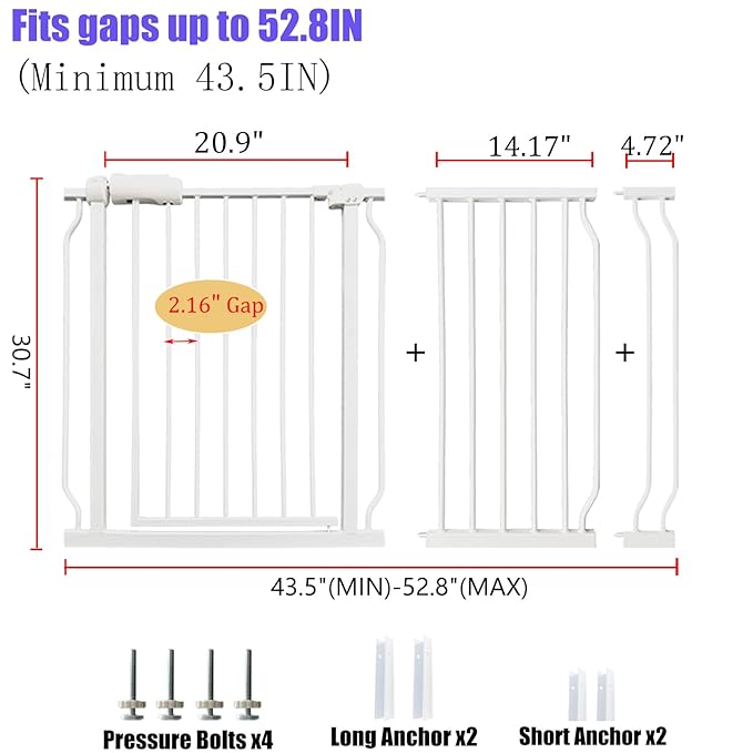 Extra Wide Baby Gate 48-53 Inch, Tension Mounted No Drilling, Pressure Mounted Indoor Safety Gate for Stairs &amp; Doorways - Metal Design for Kids and Pets, White